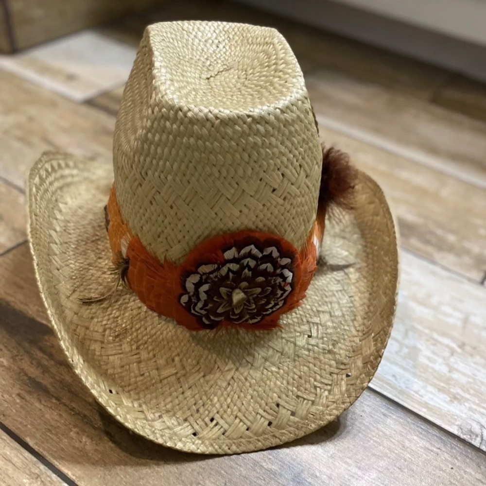 VINTAGE JOHN B STETSON COMPANY MENS STRAW COWBOY HAT  FEATHERS